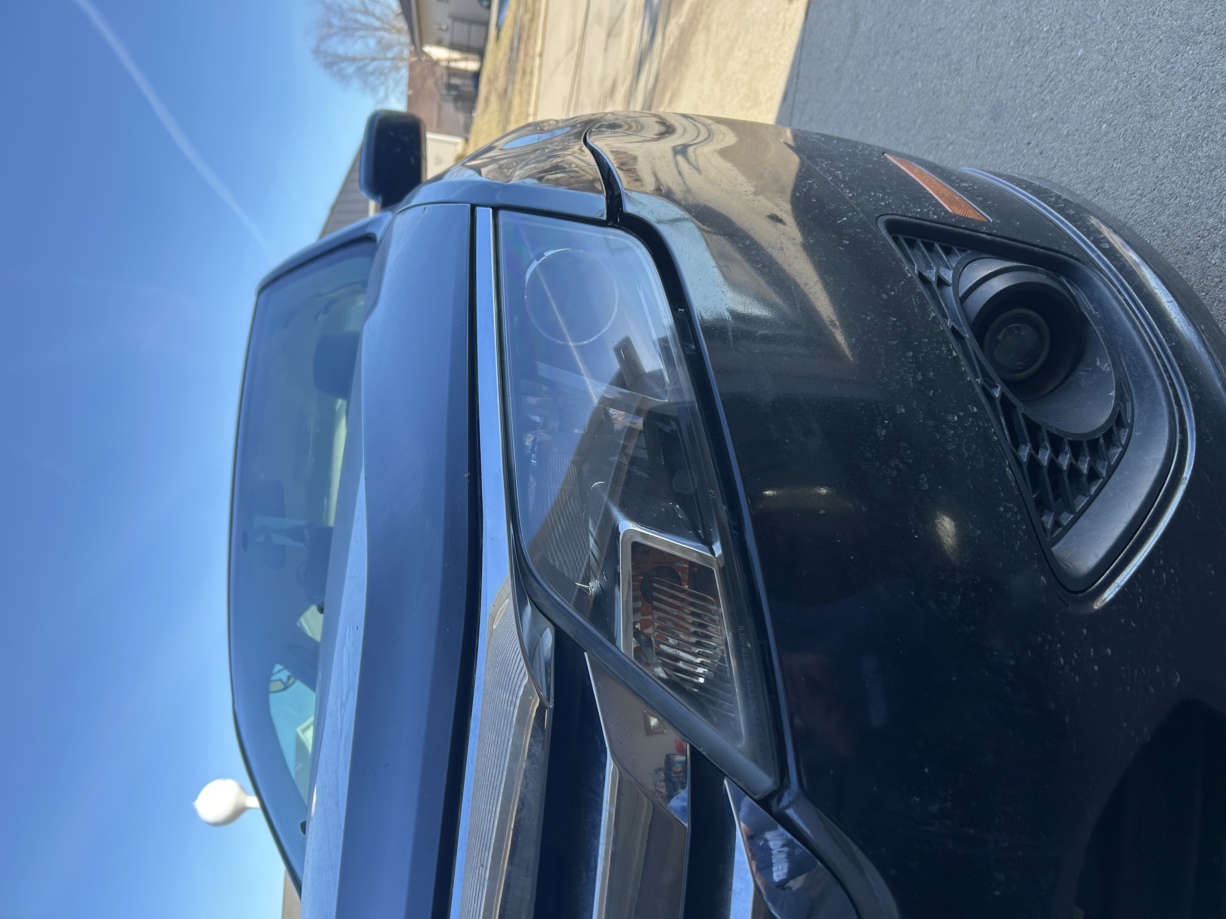Water beads on a black vehicle hood and headlight after professional exterior detailing